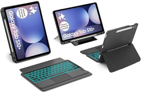 WAVATA Étui Clavier pour Samsung Galaxy Tab S10+ 2024/S9 FE+/S9+12.4 Pouces, Clavier avec pavé Tactile Détachable Ultraléger Magnétique DIY Rétroéclairé 7 Couleurs AZERTY Français, Noir