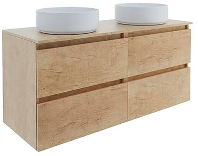 Baikal Mueble de Baño Mel. Mueble MONTADO. 140cm Nature 4 Cajones Suspendido con Lavabo sobre Encimera. Armario de Baño. Incluye Lavabo Ceramico