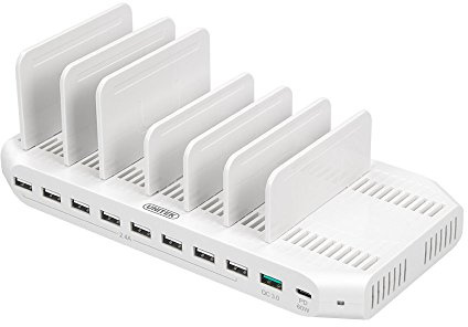 UNITEK USB Ladestation 10 Port/USB Ladegerät mit Dockingstation/Organizer für iPhone, Smartphone, Tablet/ 1x QC 3.0 160W/ 1x USB Typ C/Universal Y-2190