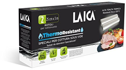 LAICA Thermo-Resistant-Vakuumbeutel – 2 Rollen (25x300 cm), Hitzebeständig bis 100 °C, aufbewahren in Kühlschrank & Gefrierschrank, für Sous‑Vide und Vakuumiergeräte geeignet