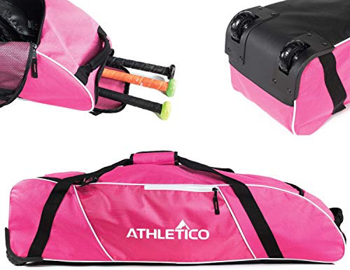 Athletico Rolling Baseball Bag - Baseballschlägertasche mit Rädern für Baseball, TBall, Softballausrüstung für Jugendliche, Kinder und Erwachsene (Rosa)