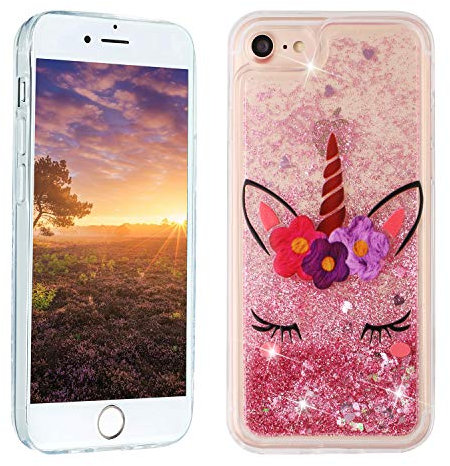 HopMore Paillettes Coque pour iPhone SE 2020 / iPhone 7 / iPhone 8 Silicone Souple Glitter Antichoc Etui iPhone 8/7 Transparente Motif Housse de Protection TPU Case pour Fille Femme - Licorne Rose