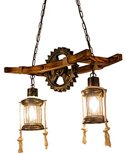 Pendellampe E27 2 Flamme Höhenverstellbarer Kronleuchter Industrie Retro Holz Schmiedeeisen Hängelampe Glas Lampenschirm Beleuchtung Schlafzimmer Wohnzimmer Loft Esszimmer Dekorative Pendelleuchte