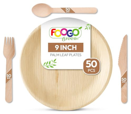 FOOGO Green 200pcs Disposable Palm Leaf Plates and Wooden Cutlery Set, FSC® Certified, Large Round eco friendly items for parties & weddings