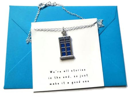 POLICE BOX charm necklace We're all stories in the end quote card jewellery gift, Dr who themed time traveller birthday Xmas present, sci fi space novelty favors