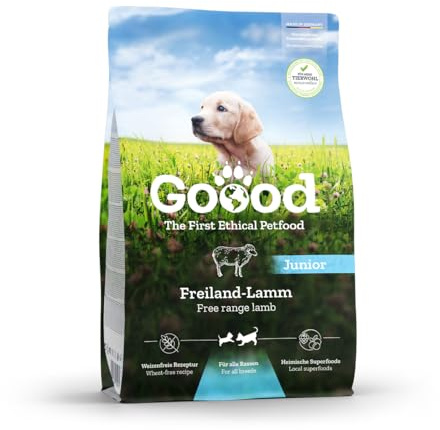 Goood Junior Freilandlamm & nachhaltige Forelle – Trockenfutter, Hundefutter – für Wachstum und Immunsystem von Junghunden – Lammfleisch und Forelle, Eiweiß und Zink – 10kg