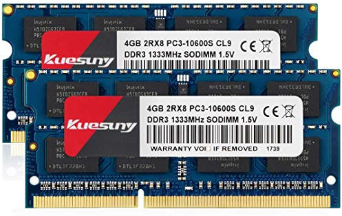 Kuesuny 8GB Kit (2X4GB) DDR3 1333MHz Sodimm Ram PC3 10600 PC3 10600S 1.5V CL9 204 Pin 2RX8 Dual Rank No ECC Unbuffered Memory Ram