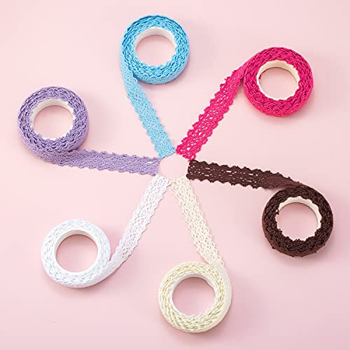 Lot de 6 rouleaux de ruban de dentelle autocollant de couleur beige, blanc, rouge, marron, bleu, violet, vintage ruban décoratif en dentelle,