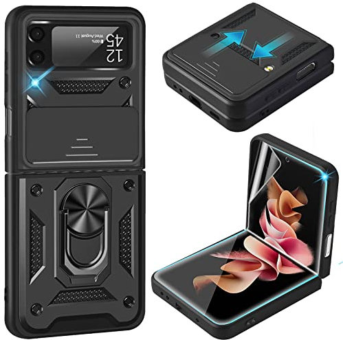 für Samsung Z Flip 3 Hülle mit Schutzfolie Handyhülle für Samsung Galaxy Z Flip 3 Schutzhülle Silikon Bumper 360 Grad Stoßfest Z Flip 3 Case Magnetisch Ring Stand Cover 5G/6.7