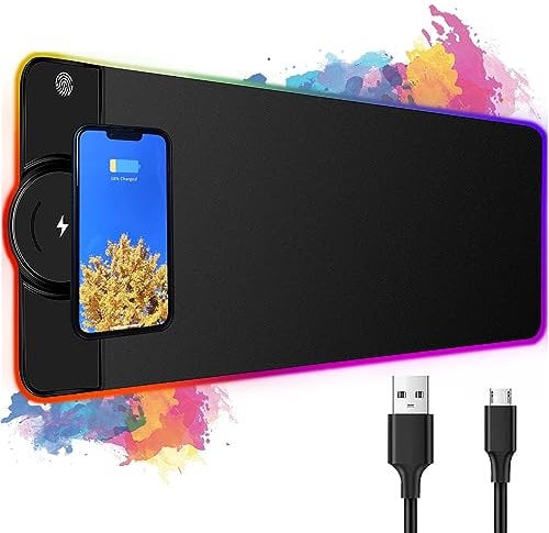 Alfombrilla RGB Ratón, Alfombrillas Gaming LED con Cargador Inalambrico, Tapete Rato Compatible con Dispositivos de Carga Inalambrica Qi, Mousepad XXL 800 X 300 X 4 mm, 10W / 7,5W / 5W (Black)