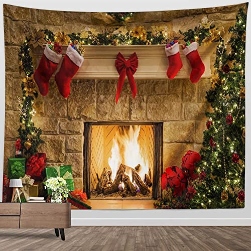 BROSHAN Weihnachtlicher Wandteppich für Schlafzimmer, große Größe, 152 x 203 cm, großer Weihnachtsbaum, Kamin, Stoff, Wandbehang, Dekoration für Winterurlaub, Zuhause, Wohnheim, Büro, Party,