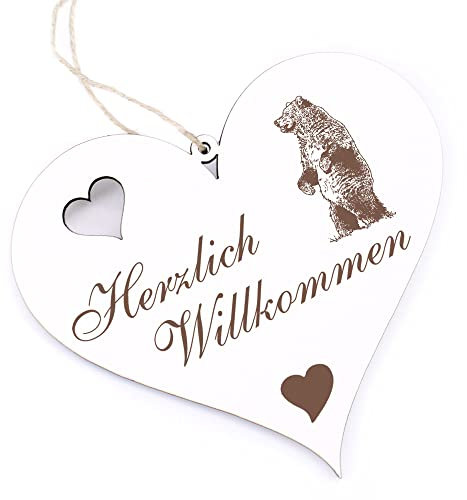 Herzlich Willkommen Schild - stehender Bär - Deko Herz Holz Willkommensschild Türschild Dekoschild Türdeko