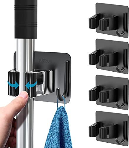 DDSHUN Mop Broom Holder Wall Mounted with Hooks, 4-Pack – Stainless Steel Mop and Broom Organizer for Bathroom, Kitchen, Garage, and Garden