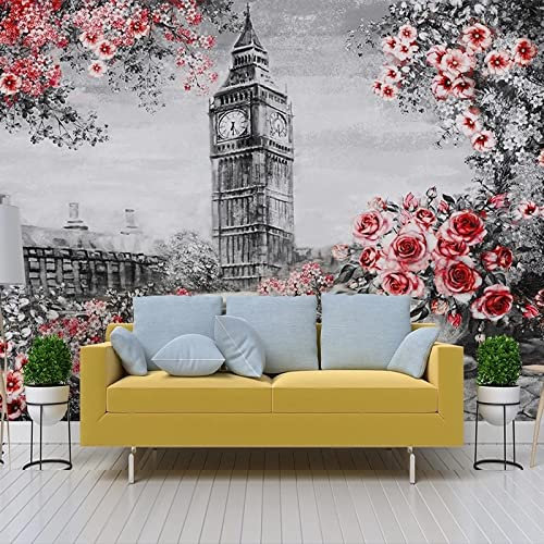 XTSWallpaper Rosa Blumig Big Ben 140X70Cm Selbstklebender 3D Wandaufkleber 3D Wandtattoos - Wandbild Sticker - Wandbild Selbstklebend Vinylfolie Wohnzimmer Schlafzimmer Dekoration