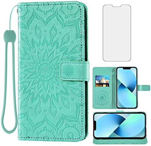 Phone Case for iPhone 13 Mini 5.4 inch Wallet Cases with Tempered Glass Screen Protector and Leather Slim Flip Cover Card Holder Stand Cell Accessories iPhone13mini i iPhone13 13mini Women Green