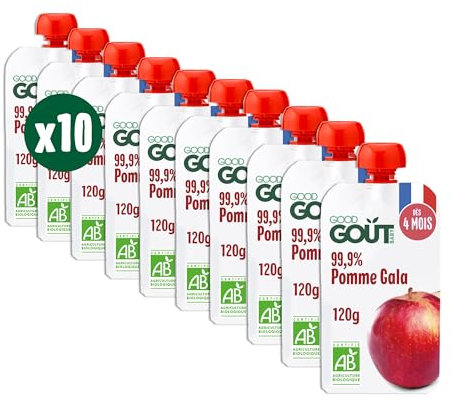 GOOD GOÛT - Gourdes Pomme Gala - Purée Bébé - Dès 4 Mois - 99,9% Pomme Gala - Sans Sucres Ajoutés - Fabriqué En France - 10x120g