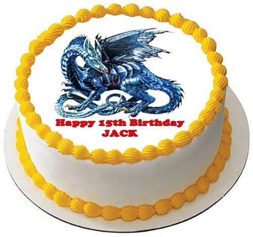 DRAGON BLUE Premium Quality Edible Large 7.5 Inch Round Icing Cake Topper - Text can be Customizable - Make your Celebrations Memorable with Our Delightful Charming Cake Toppers DRAGONS D1