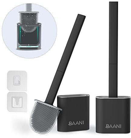 Silicone Toilet Brush Set - Toilet Cleaner Brush, Flexible Non Stick Toilet Cleaning Brush, Loo Brush and Holder, Quick Dry Silicon Toilet Brush and Holder, Bathroom Cleaning Brush (1 Pack, Black)