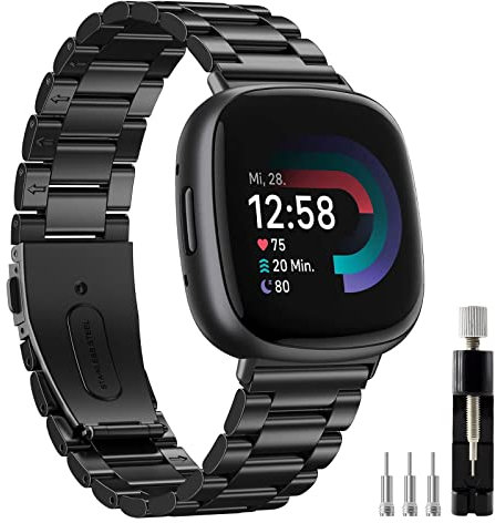 Songsier Fitbit Versa 4/ Versa 3 Bracelet, Adjustable Métal en Acier Inoxydable Sangle de Remplacement avec Double Boucle Déployante pour Fitbit Sense 2/ Sense