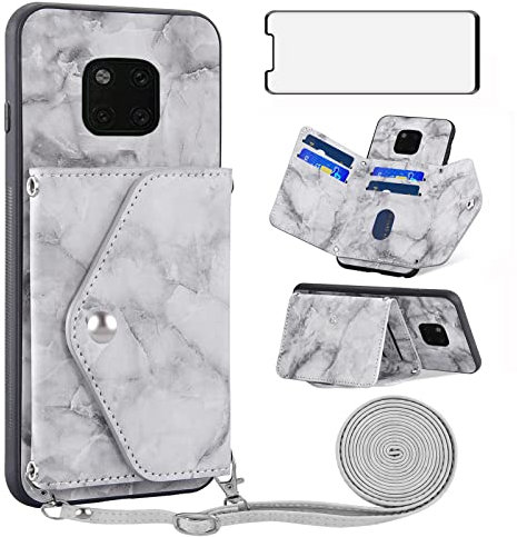 Asuwish Funda para Huawei Mate 20 Pro con Cuerda y Cristal Protector de Pantalla Tarjetero Plegable Cadena Cuero Monedero Capa para Hawaii Mate20 20Pro LYA-L29 Carcasa Case Gris