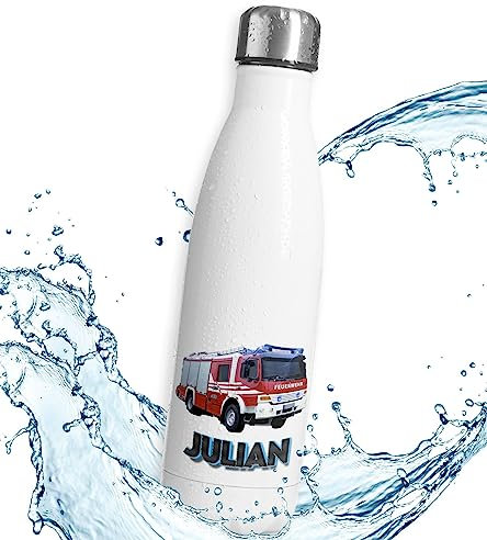 timalo® Thermosflasche Feuerwehr personalisiert mit Namen auslaufsichere Edelstahl Trinkflasche Feuerwehrauto Wasserflasche für Kinder Mädchen Jungen 750mL