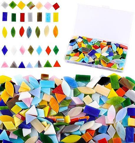 Mogokoyo 300 Stück Mosaiksteine Bunte Glasmosaik zum Basteln Sortierte Blatt Quadratische Dreieck Raute Mosaik Bastelset für DIY Handwerk Deko (Bunt)