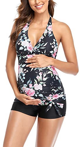 GZYshoyao Schwangerschaft Zweiteilige Damen Set Badeanzüge Schwangerschaft Stück Zwei Mutterschaft Print Top Floral Shorts Umstandsbademode Mutterschaft Workout Kleidung (31-Black, M)