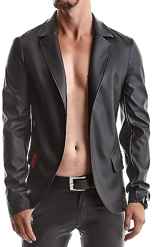 Regnes Fetish Planet Herren Jacke schwarz aus schwarzem mattem Kunstleder Slim-Fit dehnbar mit Taschen und Kragen 2XL