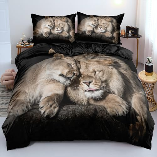 DXHOME 3D Bettwäsche Löwe 135x200 4teilig Schwarz Atmungsaktiv Leicht Weich Mikrofaser Deckenbezug Astethic Bettbezüge mit Reißverschluss und 2 Kissenbezügen 80×80 cm