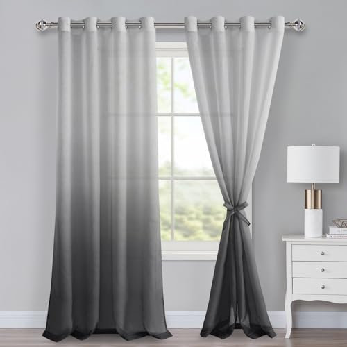 XWZO Voile Gardinen mit Ösen Vorhänge Farbverlauf Vorhang Sheer Ombre Gardinen 2 er Set für Schlafzimmer und Wohnzimmer Schlaufengardinen mit Raffhalter H260xB140cm Grau