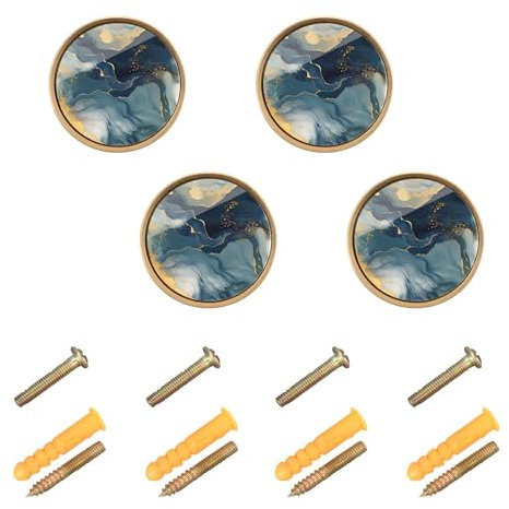 ODAWA Schubladenknöpfe aus Marmor in Gold und Blau, 4 Stück, für Küchenschrank, Kommoden, Schränke für Küche, Badezimmer, Schrank, 32 mm