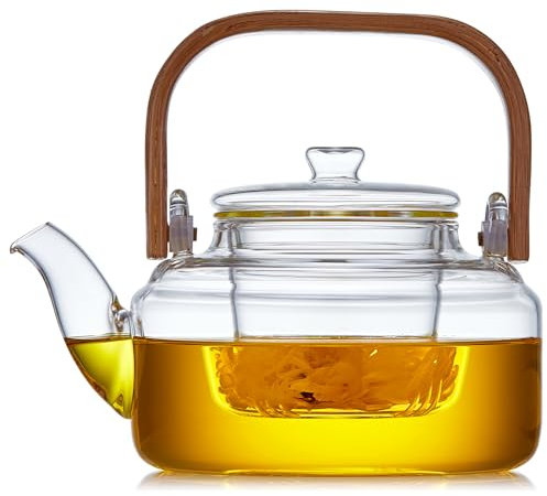 Glass Tea Pot with Infuser and Lid 800ML/27 FL OZ, Heat Resistant Borosilicate Glass Tea Kettle for Blooming and Loose Leaf Tea, Stovetop Safe