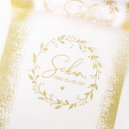COLOFALLA 9m x 29cm Kommunion Tischläufer Taufe Tischläufer Konfirmation Tischlaüfer Organza Tischläufer Weiß Gold Hochzeit Tischläufer Tischdeko Schön DASS Du Da Bist