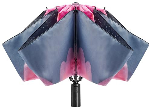ACEIken Parapluie de voyage pliable à fermeture inversée et coupe-vent – Compact et portable pour un transport facile avec ouverture et fermeture automatique – pour homme et femme, fleurs roses, 116CM