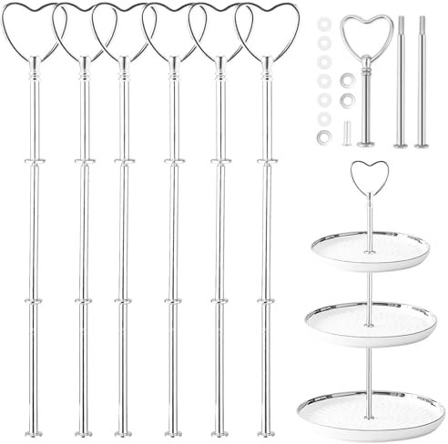 Bocguy 6 Pack Herzförmig Etageren Stangen Set Silber Vintage Metallstange Etageren Stangen Silber 6 Sets Etagere Bausatz für Geburtstag Hochzeitstorte Tortenständer 3 Etagen (Platte Nicht enthalten)