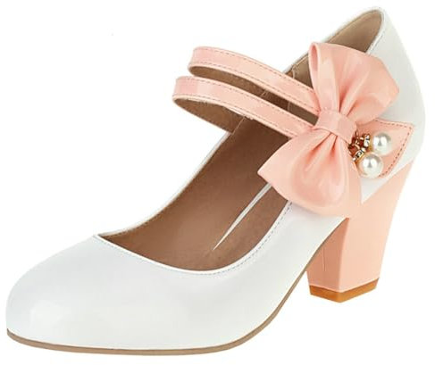 Etebella Damen Mary Jane High Heels Lack Pumps mit Blockabsatz und Schleife Rockabilly Vintage Schuhe(Weiß,39)