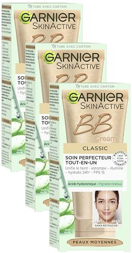 Garnier SkinActive BB Cream – All-in-1 Tagespflege mit Hyaluronsäure und Aloe Vera, kaschiert Hautunregelmäßigkeiten, LSF 15, Klassik, Mittel, 50 ml (Packung mit 3)