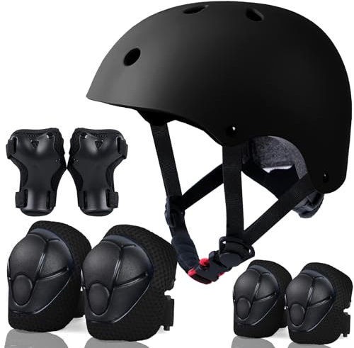 LANOVAGEAR Kinderhelm mit Knieschützern Ellbogenschützern Handgelenkschützern Schonerset Kinder Helm 7 in 1 für Skateboard Radfahren Scooter Roller Skate Bike (Schwarz, M)