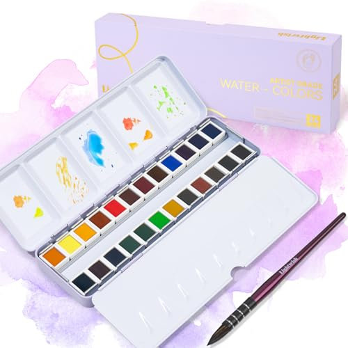 LIGHTWISH Kit de peinture aquarelle professionnelle, 24 couleurs de qualité artiste, étui en métal portable avec palette, parfait pour les étudiants, les amateurs et les artistes