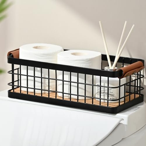 RoleDes Toilet Paper Storage Basket with Grip Detachable Wood Base Toilet Tank Basket for Bathroom Tank Topper, Wall Mount Bathroom Organizer Black Small Metal Wire Storage Basket