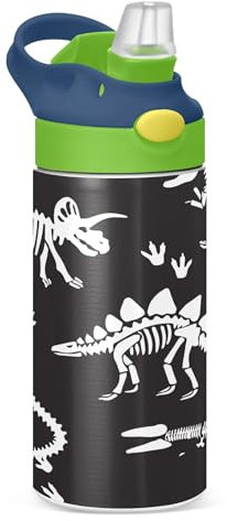 Sevdomey Bouteille d'eau avec paille pour filles et garçons, motif squelette de dinosaures, bouteille d'eau isotherme anti-fuite en acier inoxydable de 350 ml pour école, crèche, voyage, sport