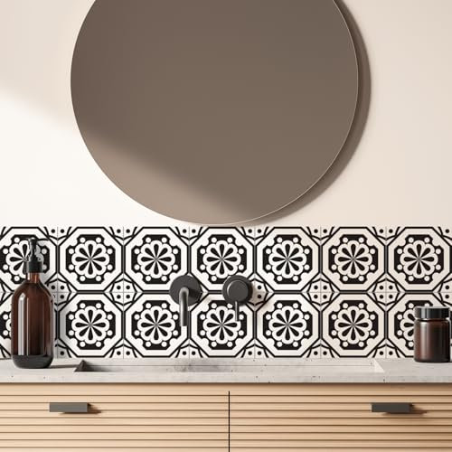 Alwayspon Adesivo per piastrelle, bianco e nero, autoadesivo, per pavimenti in bagno, cucina, paraspruzzi, in vinile, 12 pezzi x 15 cm