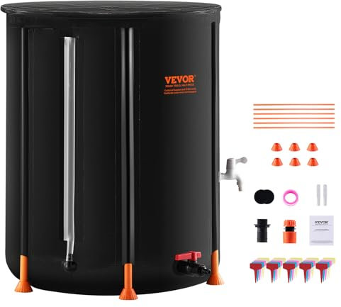VEVOR Barile per pioggia pieghevole, 53 galloni/201 l, portatile, in PVC, sistema di raccolta dell'acqua piovana con beccucci e kit di troppopieno, per raccogliere l'acqua da giardino