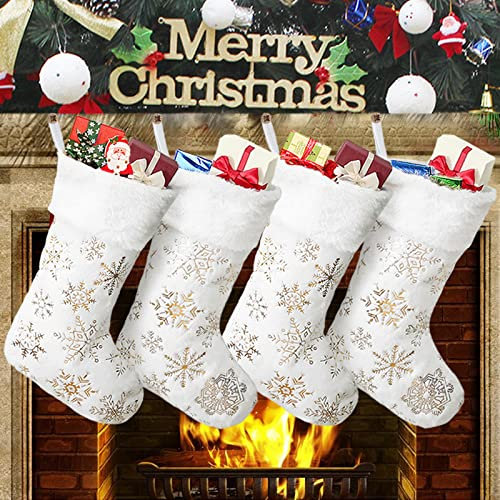GugnRyAc Große Weihnachtsstrümpfe 4er - 45cm Plüsch Kunstpelz Xmas Stocking mit Schneeflocke, Weihnachtsstrumpf für Kamin Hängende Strümpfe für Weihnachtsdeko (Gold)