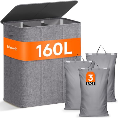 Lifewit 160L Extra Large Laundry Hamper with Lid, Laundry Basket 3 Section with Removable Washing Bags, Divided 3 Compartments Laundry Sorter Organizer for Bedroom Bathroom Laundry Room, Light Gray