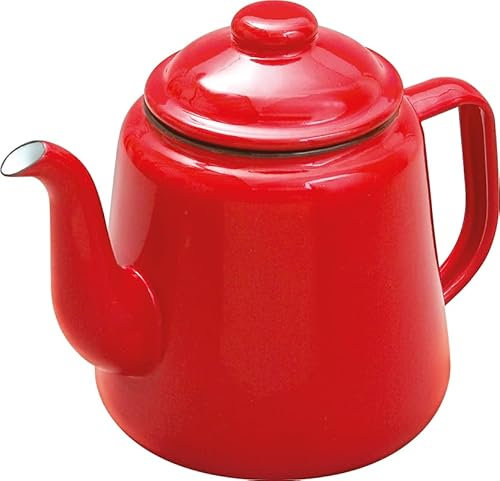 VG® Enamel Teapot with Handle & Lid Traditional Flat Base Suitable for All Hob Types >Induction 1.3 Litre 14cm Campers, Everyday Use Unbreakable Stove Top Kettle Rugged Beautiful Functional Red