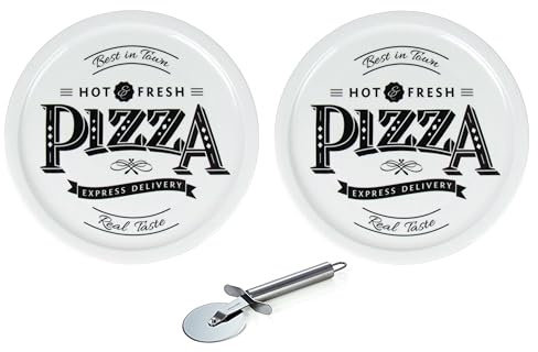 Lentz Pizzateller Ø 31cm aus Porzellan mit Retro Pizza Schriftzug - wahlweise inkl. Pizzaschneider (2er Set mit Pizzaschneider)