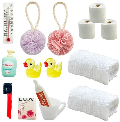 Wichtel Zubehör Weihnachte,15 pcs Puppenhaus Zubehör,Miniatur Wichtelzubehör Badezimmer-Accessoire-Set,geeignet für Zwergentüren und Puppenhäuser im Maßstab 1:12 mit Zahnpasta, Badetuch, kleine Ente