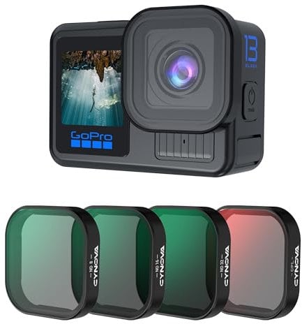 CYNOVA Go Pro Hero 13 Schwarz Filter Set, 4-Pack Schwarz (CPL/ND8/ND16/ND32) für Go Pro 13 Zubehör, Neutraldichte Polarisationslinsenfilter Kit für Go Pro 13 Black