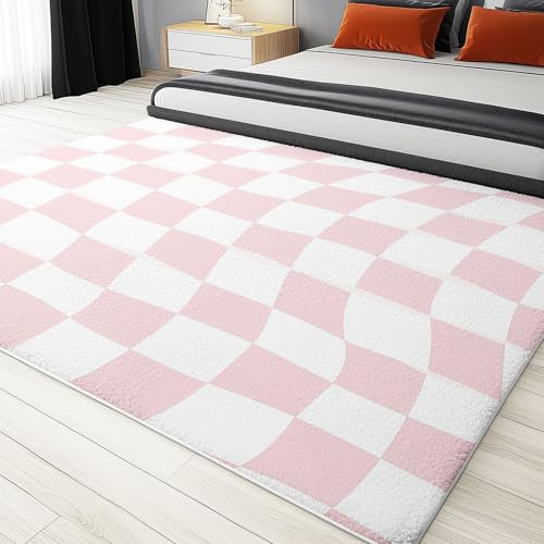 Teppich Wellenförmiges weißes Karomuster Bedruckter Kurzflor Wohnzimmer Schlafzimmer Balkon Teppich Rosa Modern Skandinavisch Boho 90 x 150 cm